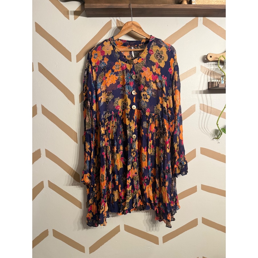 Free People Tunic Top Women Large Blue Floral Button Front‎ Babydoll Boho